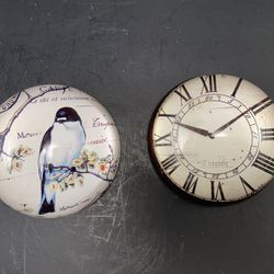 2 Heavy Crystal Paperweights Featuring Bird & Clock Face—Nice Gifts! $10 EACH or $16 BOTH