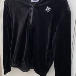 FILA Women’s Jacket Hoody Velour Black 1/4 Zip Soft Plush Fabric Size Small