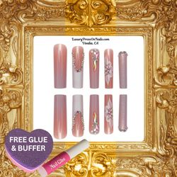Floral Rhinestone French Extra Long Thick Press On Nails - FREE GLUE & BUFFER