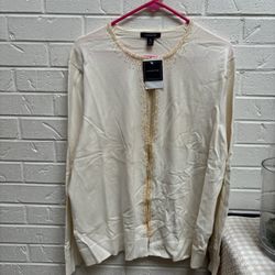 Land’s End NWT Women’s Cream Cotton Cardigan With Gold Beads Size Xl