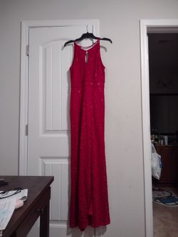 Women's Sleeveless Red Sparkly Glittery Sequins Lace Formal Prom Dance Dress With Slit 