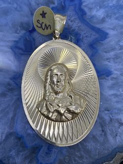 $1250 Three Tone Gold Yellow White And Rose Gold Virgin Mary And Sacred Heart Of Jesus Double Sided Religious Charm Pendant 