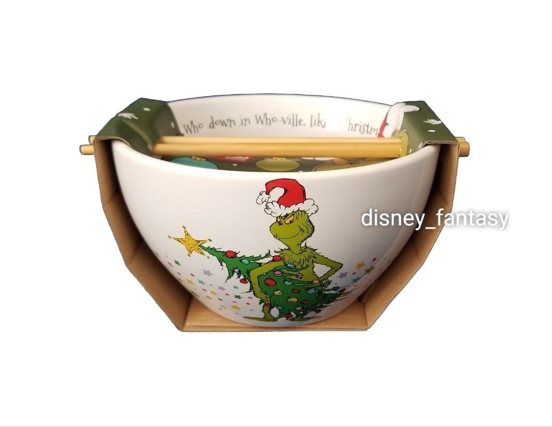 Dr. Seuss The Grinch Ramen Noodle Bowl Ceramic Mary Lou Max Chopsticks Christmas