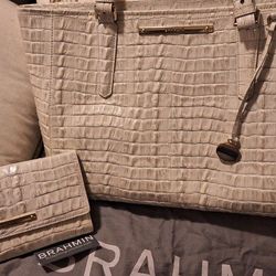 Brahmin White Handbag With Matching Checkbook Wallet