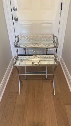 Silver Metal and Glass Two-Tier Tray Table