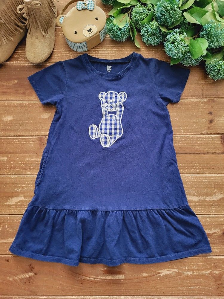 SIZE 7-8 GIRLS NAVY BLUE GINGHAM BEAR DROP-WAIST LONG TUNIC