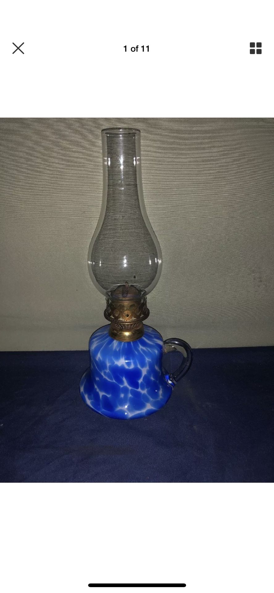 Antique Victorian Spatter Glass Cobalt White Bell Bottom Finger Kerosene Lamp