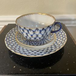 Vintage Lomonosov Cobalt Blue Net Cup and Saucer Trio Set .Made inUSSR