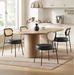 Set of 4 Dining Chairs, Boho PE Rattan Back Synthetic Leather Upholstered Accent Chairs, for Kitchen Living Room,