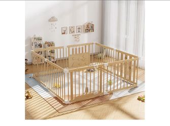 Wooden Baby Playpen with Child Safety Lock, 64"64" Large Playpen for Babies and Toddlers, Indoor Play Pen for Kids Activity Center, Portable Natural W