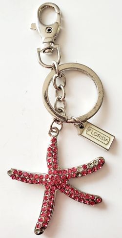 Keychain - Florida Pink Rhinestone Starfish Silver Key Chain Bag Tag
