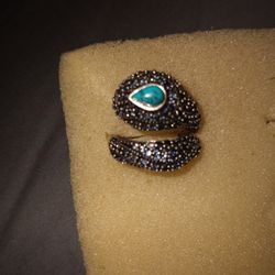 Turquoise Stone With Baby Rhinestines Sterling Silver Ring