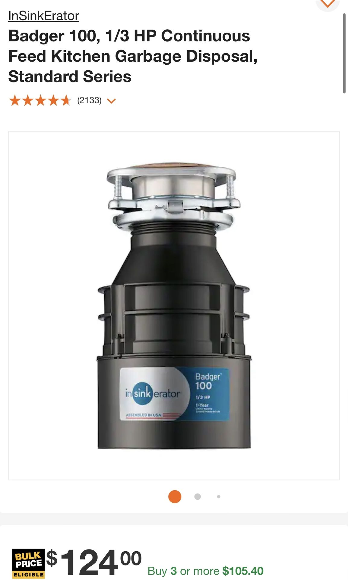 InSinkErator Badger 100, 1/3 HP Continuous Feed Kitchen Garbage