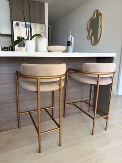 Set of 2 Velvet Bar Stools with Gold Frame