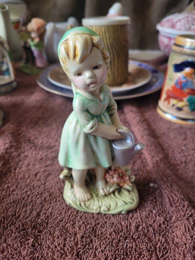 Vintage Ceramic Girl With Watering Can Figurine 