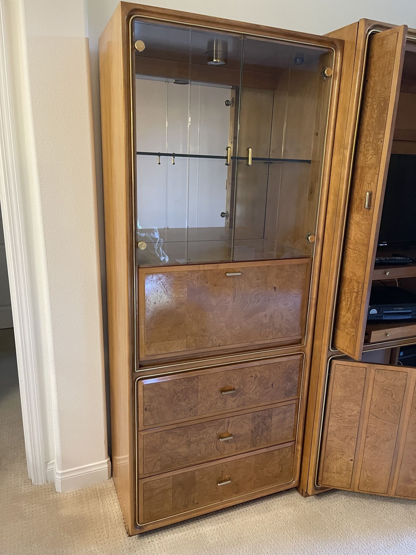 GORGEOUS POST MID CENTURY MODERN BURLWOOD CABINET DISPLAY CASE CURIO SECRETARY CHINA CRYSTAL DESK BOOK SHELF