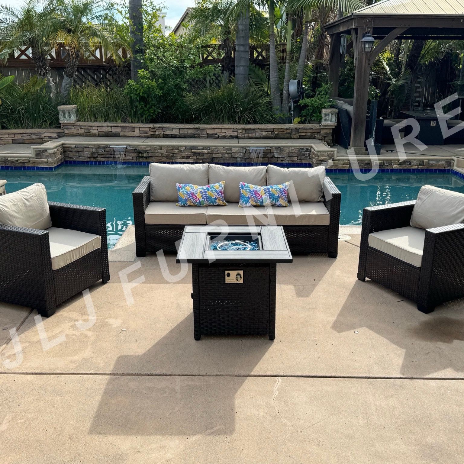 NEW🔥Outdoor Patio Furniture 4 Pc Brown Wicker Beige Cushions with 30" Firepit ASSEMBLED