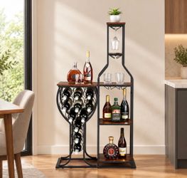 5-Tier Freestanding Wine Rack, 11 Bottle Capacity, Deep Red Metal and Particle Board Bar Organizer for Home, Kitchen, and Dining Room