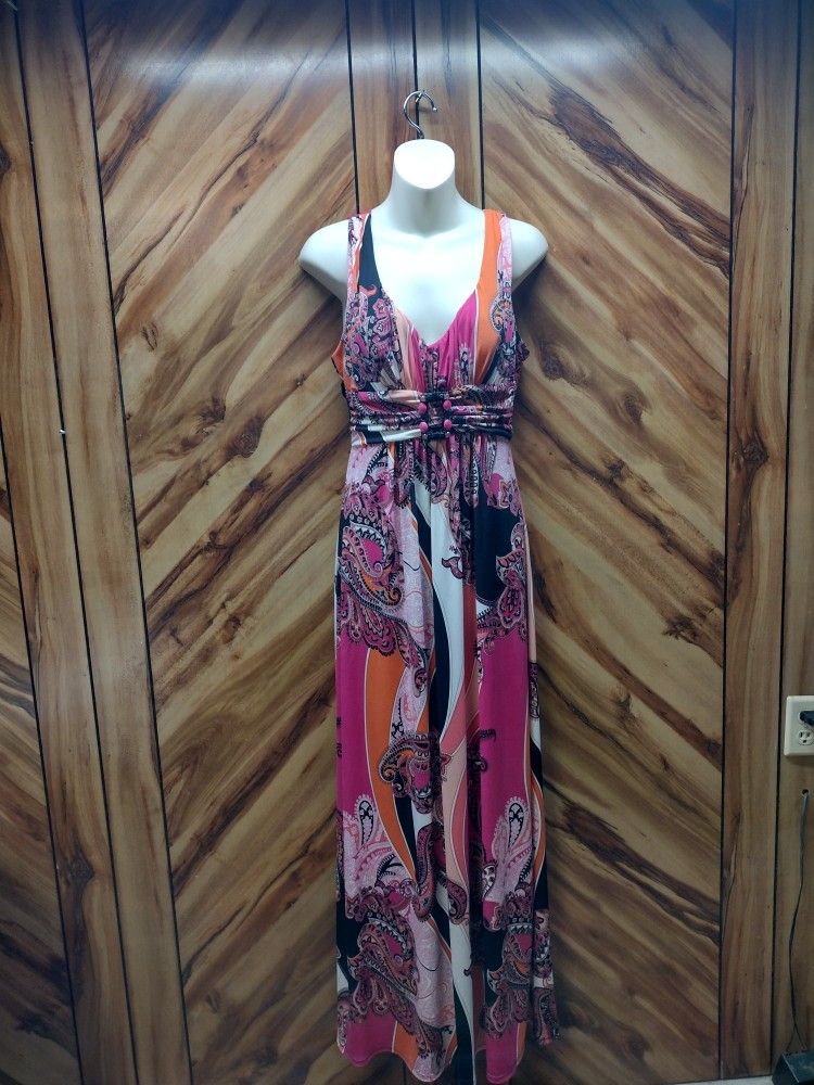 Bisou Bisou Maxi Dress Multicolor With V-nexkline And A Cinched Waist Featuring Decorative Buttons Size 10