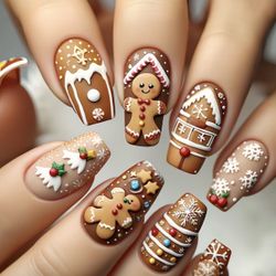 24 pcs Gingerbread Man & House Christmas Medium Length Square Glossy Press on Nails