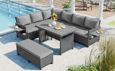 TOMAX 5-Piece Outdoor Patio Rattan Sofa Set, Sectional PE Wicker L-Shaped Garden Furniture Set with 2 Extendable Side Tables, Dining Table and Washabl