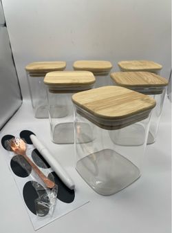 6 Pack 16 oz Clear Glass Jars Airtight Bamboo Lids Spoon Labels