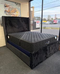 NEW IN BOX- 68” Tall Black Platform Bed Frame King & Queen Size  Bluetooth Speaker, USB LED lights