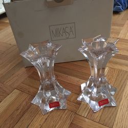 Mikasa Crystal Candle stick Holders vintage. New unused. Comes with box. Height: 4.5 inches Width: 3.25 inches