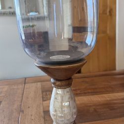 WOOD COLUMN with GLASS HURRICANE CANDLEHOLDER with Pearlized Decorations