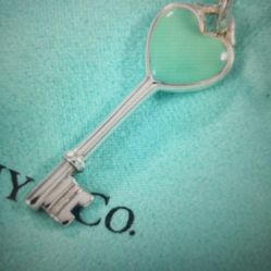 Tiffany &Co Silver 1.25"blue 💙 Enamel Heart Key Charm Pendant 