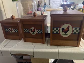 Vintage Ella Roster Wood Canisters Set Of 3