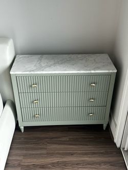 Modern Sage Green Fluted 3-Drawer Nightstand with Marble Top