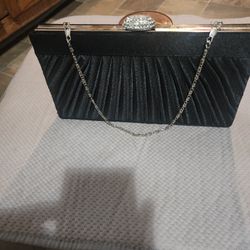 Brand New Black Pleated Clutch With Silver Chain And Crystal lock