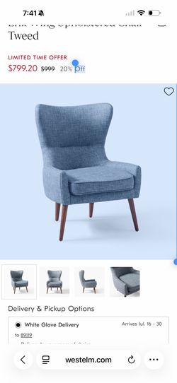 New West Elm Erik Wing Accent Chair Upholstered Tweed Blue NEW