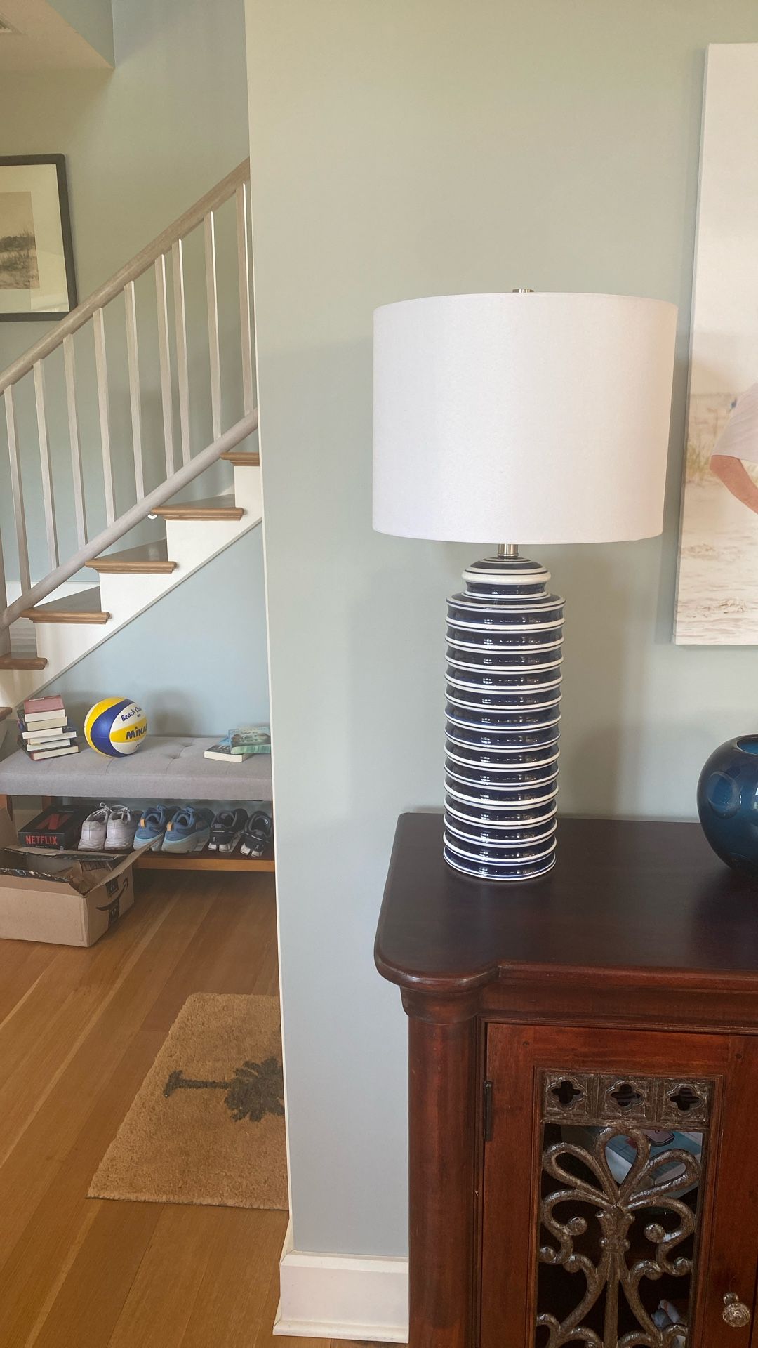 2 Navy Striped Lamps White Shades