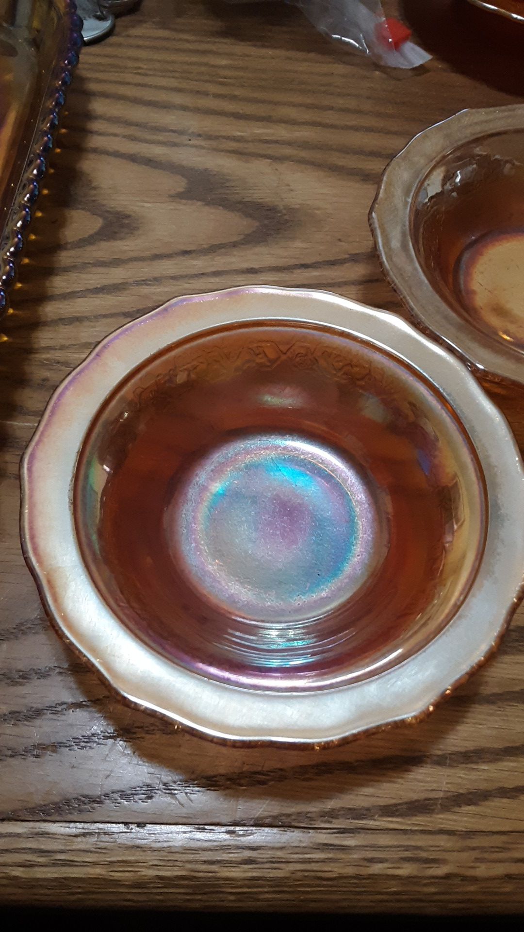 Amber Carnival glass dishes