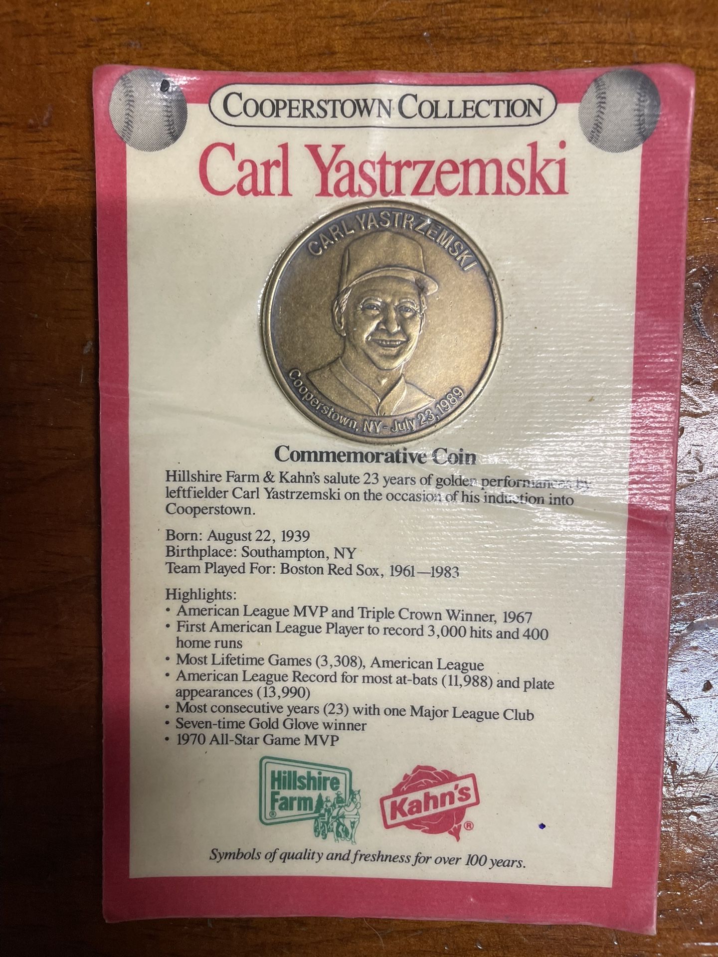 Call Yastrzemski Cooperstown collection coin from Hillshire Farms still wrapped in plastic sealed brand new