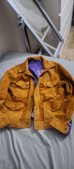Handmade Leather Jacket Purple Size  Large Zippers And Buttons Reversible Suede