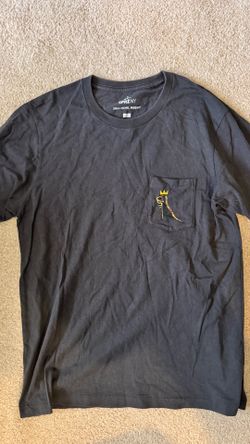 Black Jean-Michel Basquiat tee with yellow crown graphic on pocket, size M