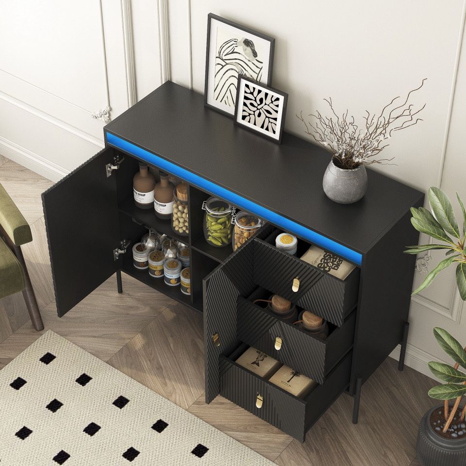 Buffets & Sideboards, Fluted Sideboard Cabinet, 2 Door 3 Drawer Design, with Led Lights,Acceent Black Sideboard -Elegant Cabinet Ideal for Dining Room