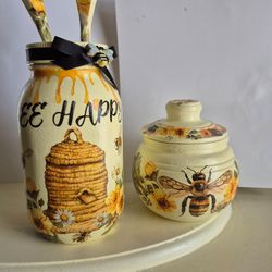 Mason jar and spoon set hand painted and decoupaged with matching small jar