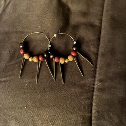 Gold-Plated Hoop Earrings with Red Beads & Spikes