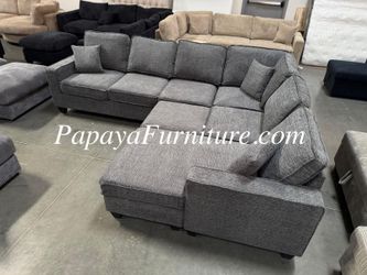 NEW Dark Grey Chenille Fabric Modern U Shape Sectional Sofa Ashley Style Reversible Chaise Ottoman Set Combine into Bed BIG SALE Large Couch Black