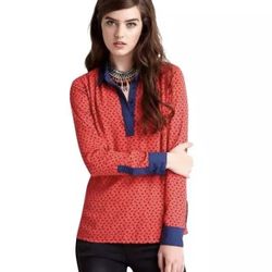 FREE PEOPLE Red Blue Equestrian Horse Print Henley Boyfriend Preppy Blouse