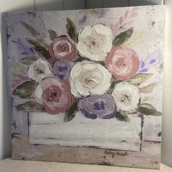 Floral Print  pink purple on wood Haley Bush Raz iImports cottagecore