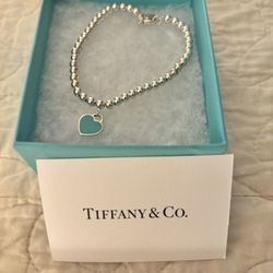 Tiffany Sterling Silver Blue Heart Tag Beaded Bracelet