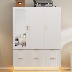 Armoire Wardrobe Closet with 3 Door, Bedroom Armoires with Mirror and LED Lights, Hanging Rod, Drawers, Large Capacity Storage Wardrobe Armoire for Be