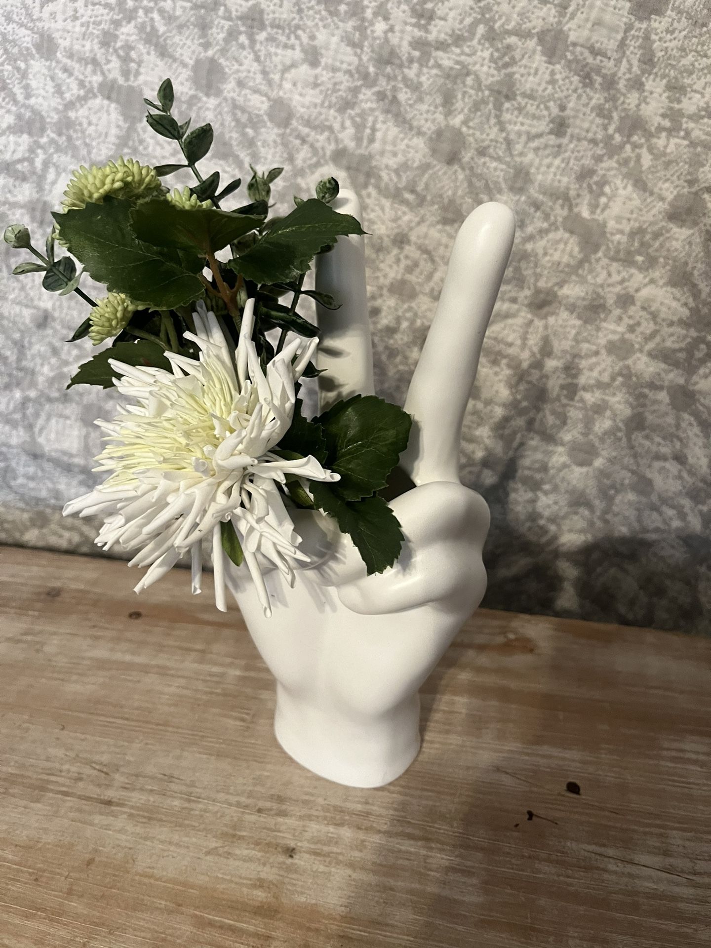 Peace Hand Sign Vase With Flowers 