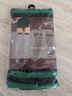 Green And Black Opaque Striped Thigh Highs Adult One Size by Leg Avenue #6005, Brand New