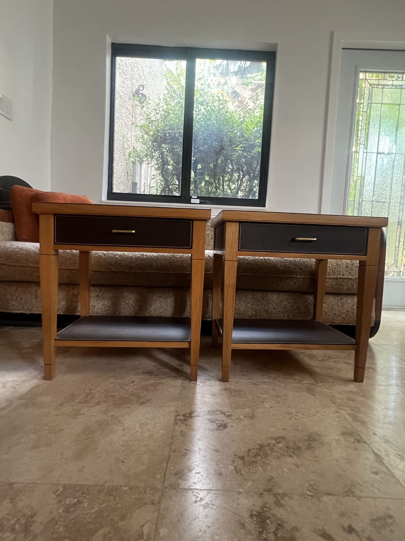 Pair of Italian Leather and Brass End Tables